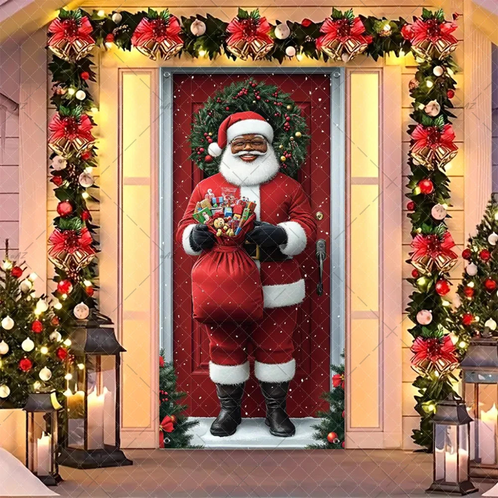 Christmas Humorous Santa Claus And Elk Door Banner Party Decorations Indoor Outdoor Veranda Door Cover Supplies Festive Gifts