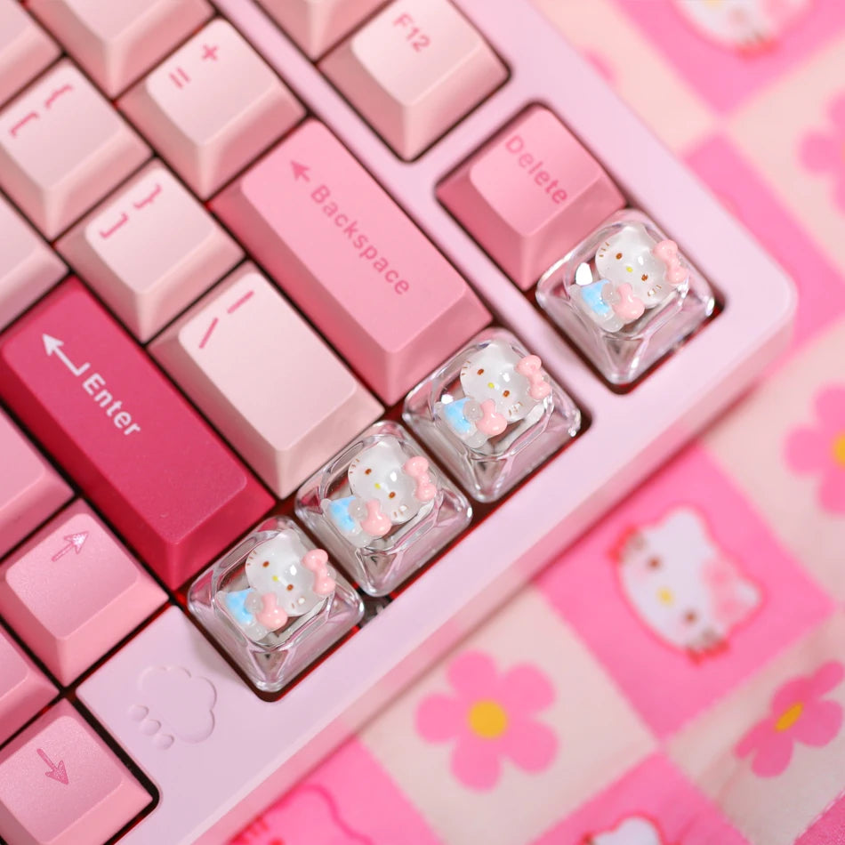4pcs Transparent Hello Kitty Keycaps for Cherry Mx Switch Mechanical Gamer Keyboard Cute Backlit RGB Keycap Pink WASD Key Caps