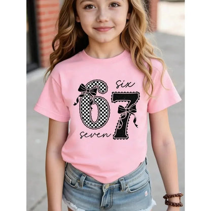 Children's 67 Christmas Elf Print Girls Short Sleeve Round Neck Tee Parties Casual Wear Comfort Children Clothes Girl Clothing