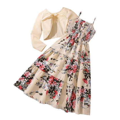 Kid Girl Long Sleeve Bow Design Coat & Beige All Print Shirred-Bodice Sling Dress Set Cute Sweet Elegant Princess Dress For Kids
