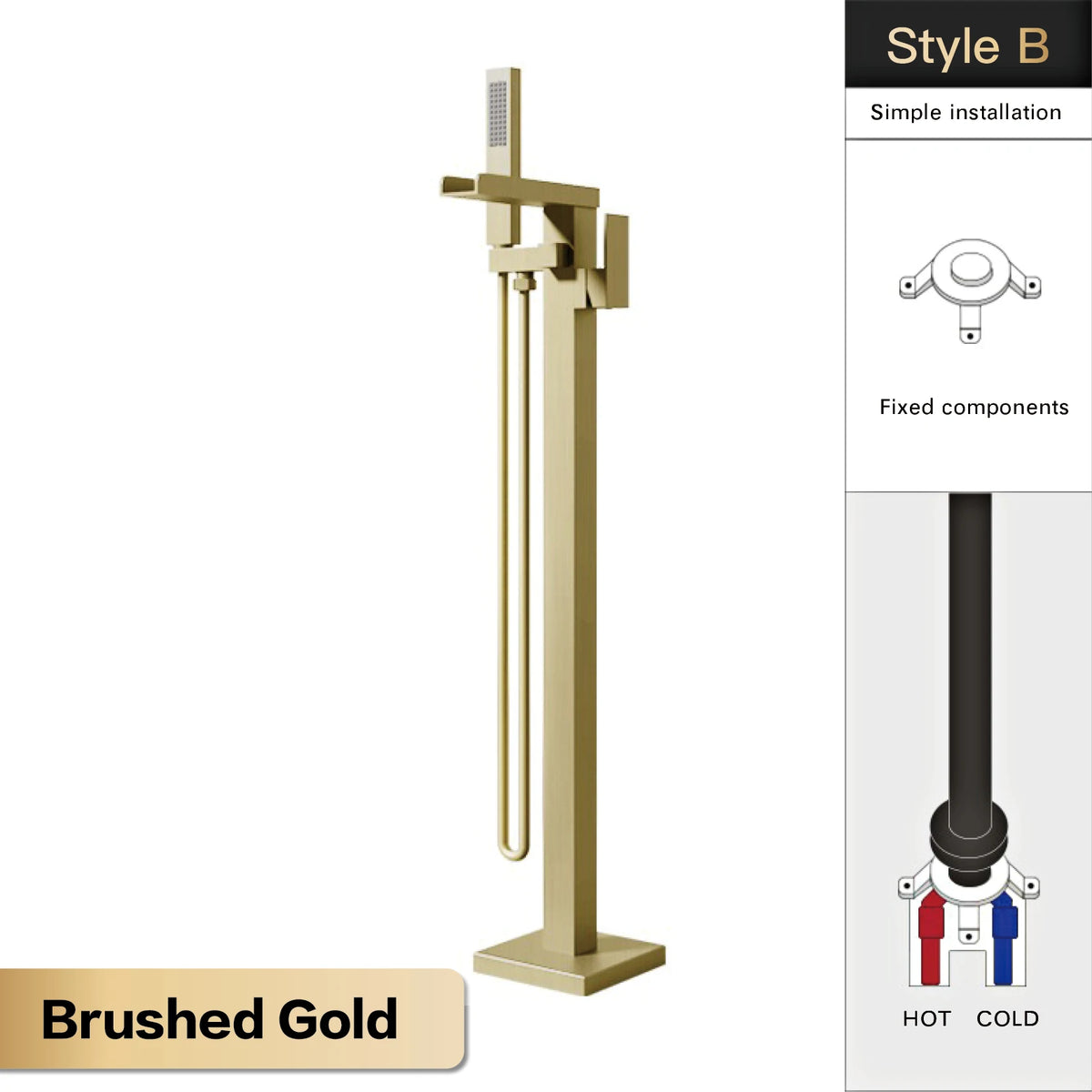 AITANA Luxury Black Brass Floor Standing Bathroom Faucet with Waterfall Water Outlet Design, Hot and Cold Bathtub Mixer