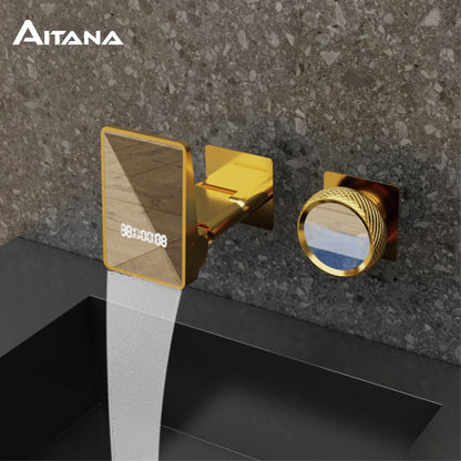 Luxury Brass Titanium LED Digital Display Wall Mounted Bathroom Faucet with Embedded 2 Cold and Hot Water Waterfall Basin Mixer
