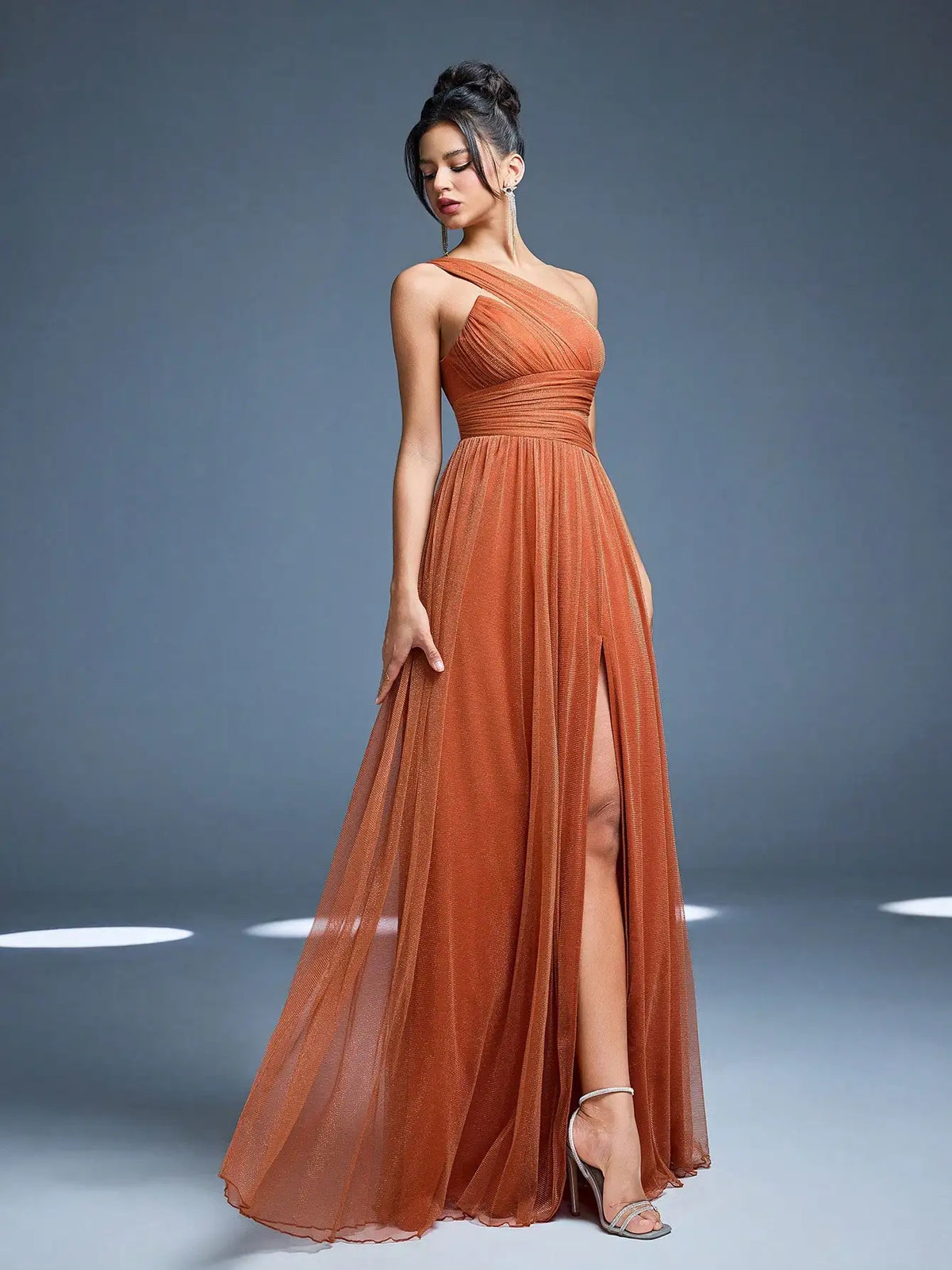 One Shoulder Solid Color Brides maid Dress perspective High slit Mesh Long dress