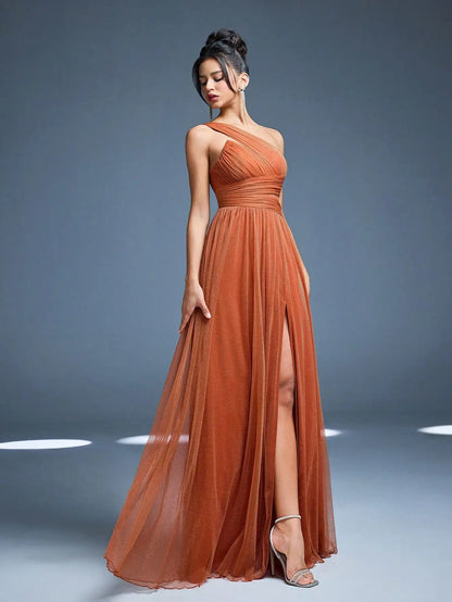 One Shoulder Solid Color Brides maid Dress perspective High slit Mesh Long dress