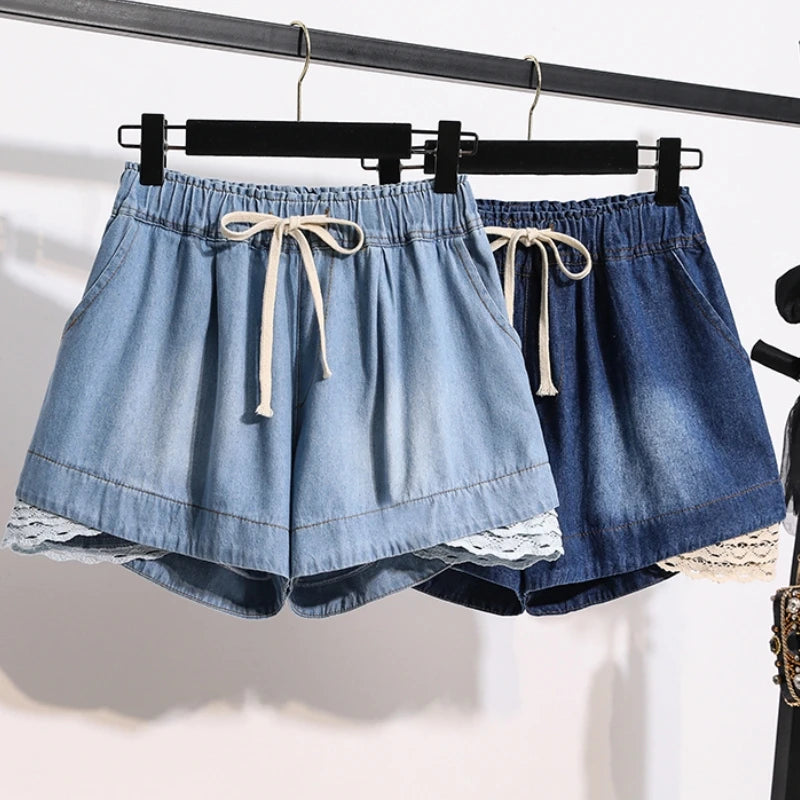 3XL Oversize Denim Wide Leg Shorts Women Summer 100%Cotton Shorts Splice Lace Elastic Waist Cute Soft Girl Frilly Jeans Shorts