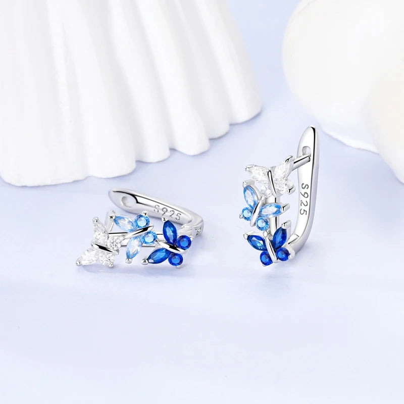 Original 925 Sterling Silver Earrings Sparkling Shining Dreamy Butterfly Hoop Earring for Women Girl Party Birthday Jewelry Gift