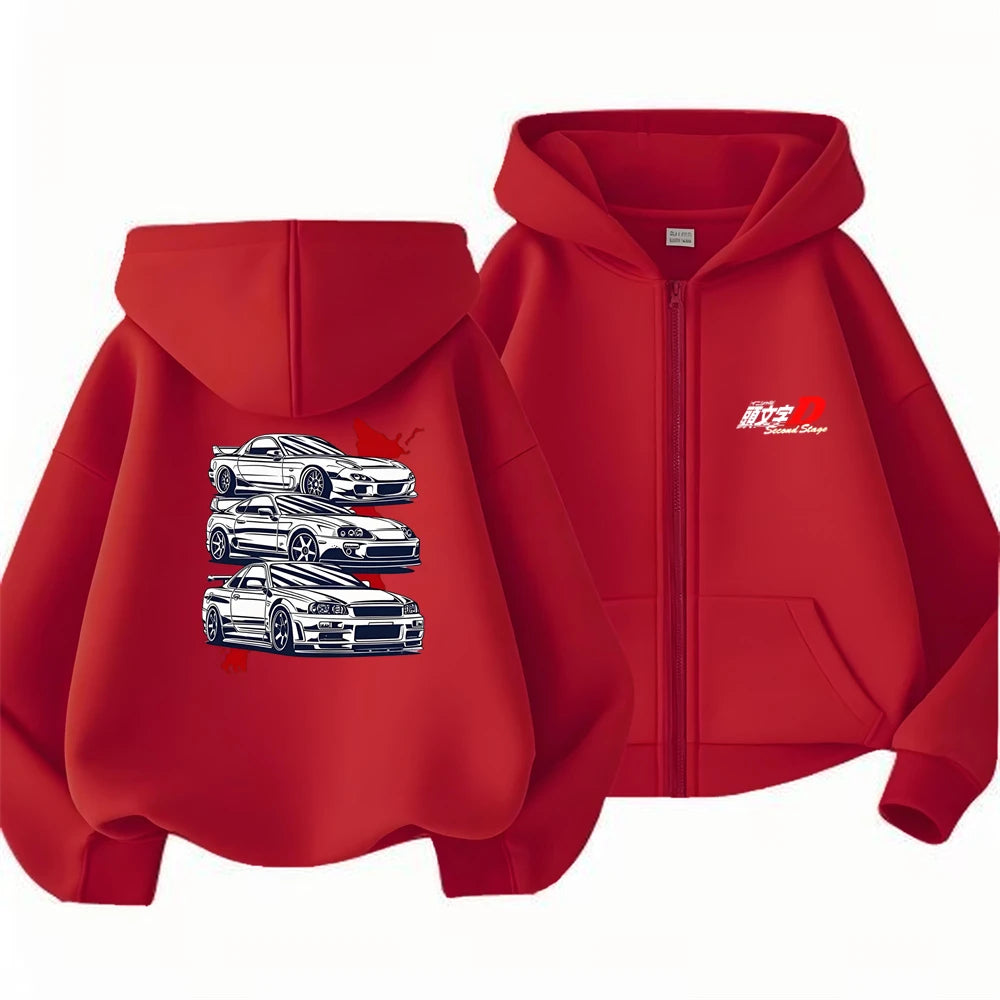 Children Age 3-12 Hoodies Zipper Cardigan Tops Boy Black Girls Pink Leisure Coat Long Sleeve Hooded Japanese Manga Racing Movie