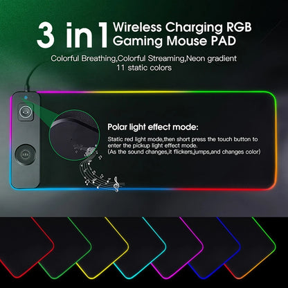 3 IN 1 Mouse Pad Magnetic Wireless Charging for Mobile Phone, Watch, Headphone RGB Lighting Desk Mat Gaming Mousepad 80x30cm