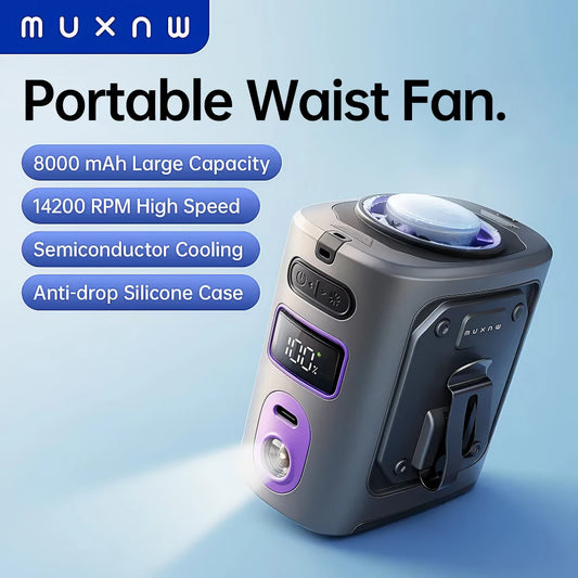 MUXNW 8000mAh Portable Waist‑Clip Fan with Semiconductor Cooling,  with LED Light, 4‑in‑1 Hands‑Free Wearable Fan for Camping
