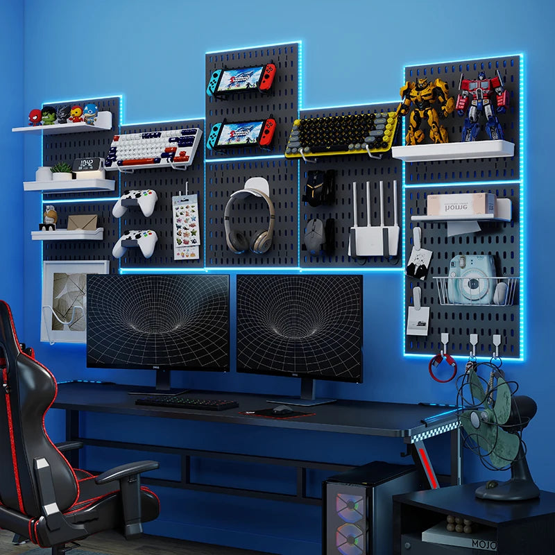 No-Drill Gaming Room Pegboard, Wall Organizer for Controller, Headphone & Keyboard Stand, Multi-Functional Display Storage Rack