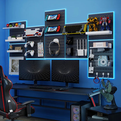No-Drill Gaming Room Pegboard, Wall Organizer for Controller, Headphone & Keyboard Stand, Multi-Functional Display Storage Rack