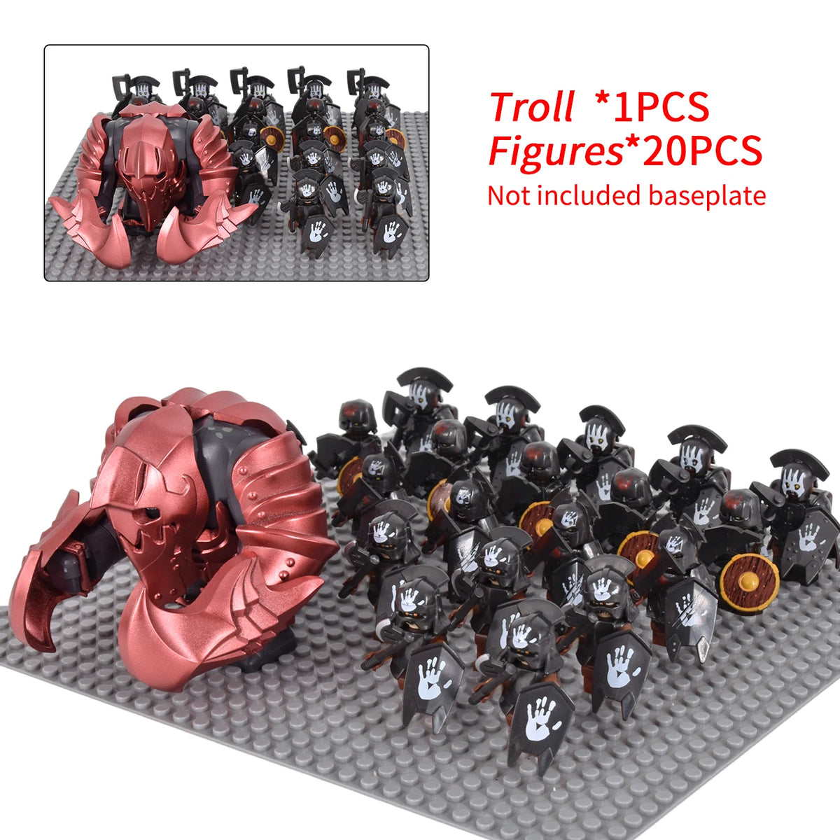 Orc Warrior Block Figures Set, Giant Troll Monster + 20Pcs Armored Soldier Models, Fantasy Army Building Bricks, Detailed Armor