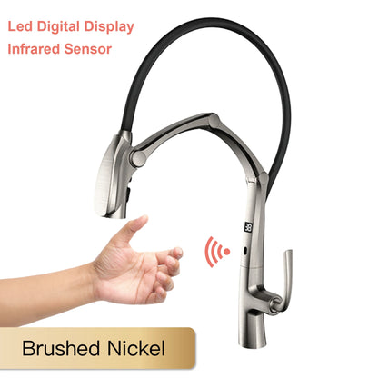AITANA Gun Grey Luxury Brass LED Display Kitchen Faucet，Touchless Sensor，Pull-Out 3-Function Spray Water-Saving SinK Mixer