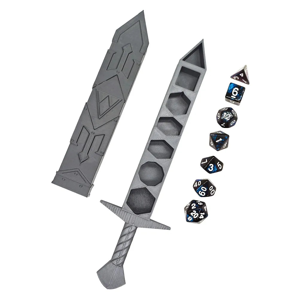 Creative Silvery Sword-shaped Storage Box with 7Pcs DND Dices Set Portable RPG TRPG Games Dice Role Playing Games Accessories