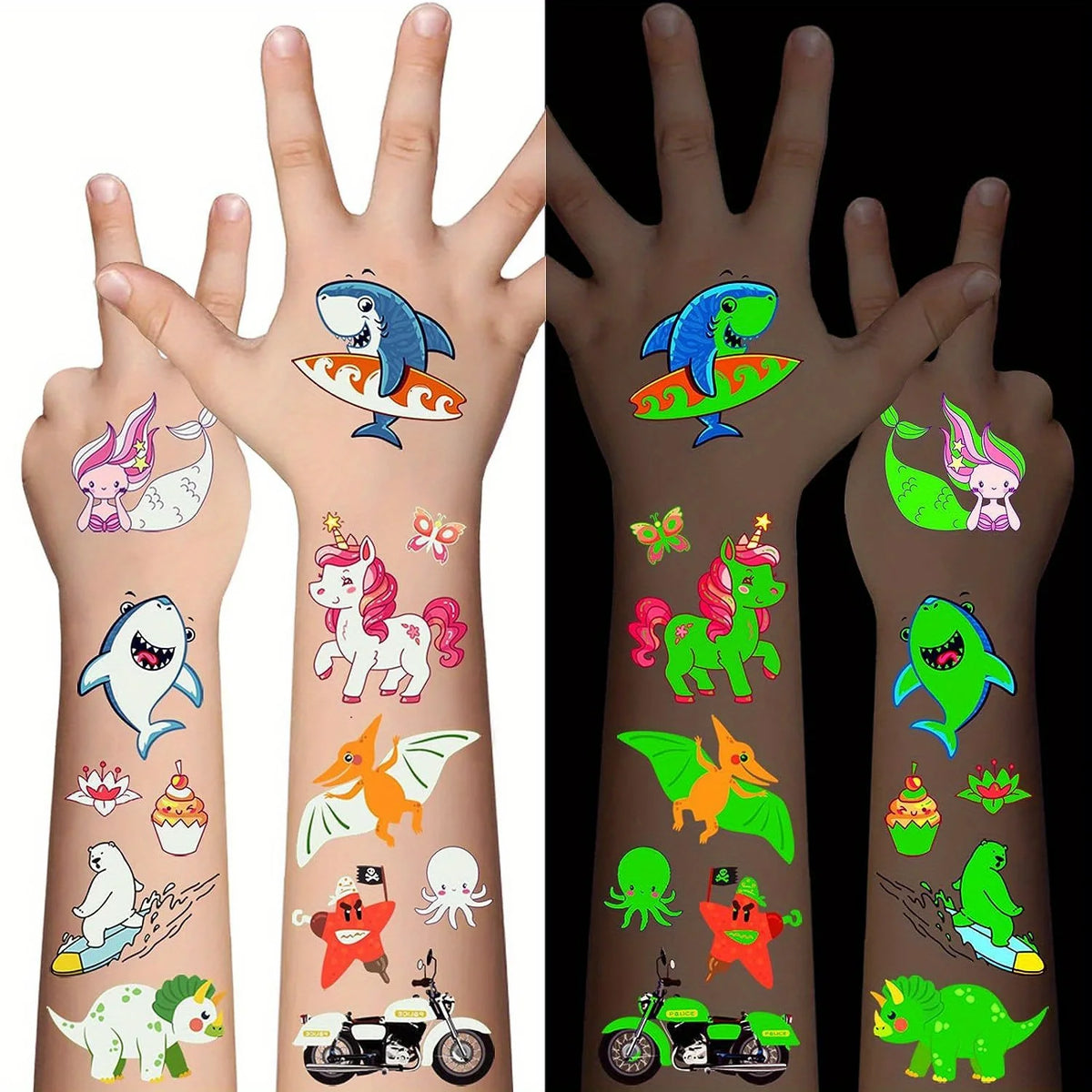 16 Sheets Luminous Kids Temporary Tattoos Mixed Styles Glow in The Dark Tattoos Fake Tattoo Stickers for Boys and Girls