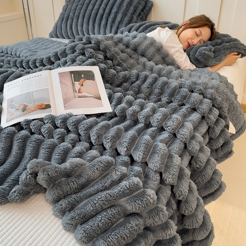 Thick Warm Wide Striped Flannel Blanket Solid Color Soft Fluffy Plush Throws for Sofa Bed Office Travel Multifunctional Blanket