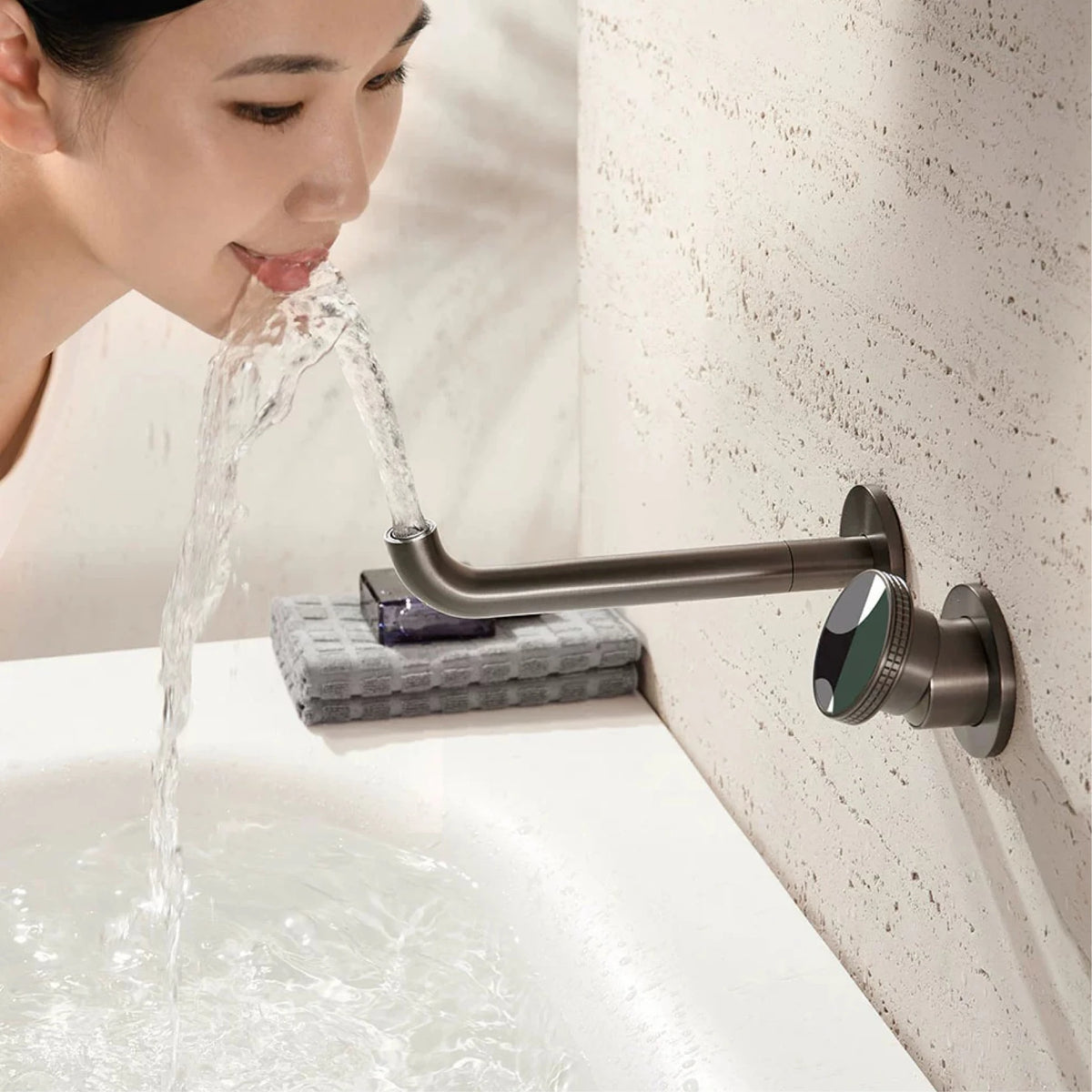Modern luxury gun gray brass bathroom faucet with wall mounted design, cold and hot dual control, simple basin faucet