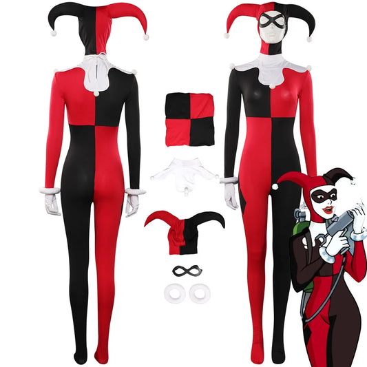 Female Quinzel Cosplay Jumpsuit Mask Costume Outfits For Adult Women Girls Halloween Carnival Suit Role Play Disguise Bodysuit