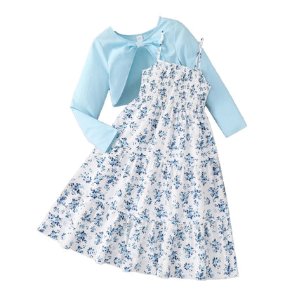 Kid Girl Long Sleeve Bow Design Coat & Beige All Print Shirred-Bodice Sling Dress Set Cute Sweet Elegant Princess Dress For Kids
