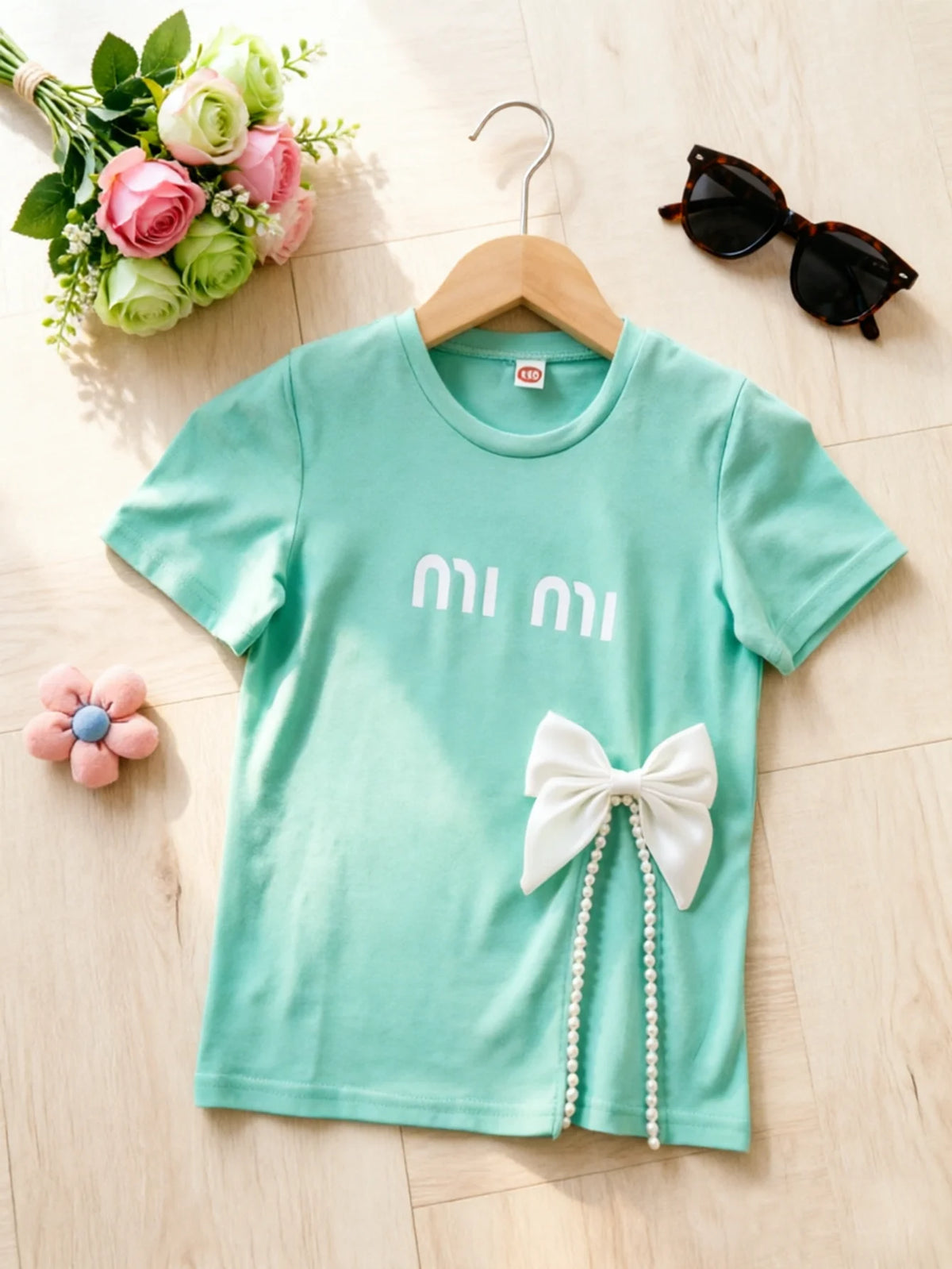 Summer Kids Girls T-shirt Letter Printing Bow Split Loose Long Children's T-Shirt Tops For 3-12 Years Girl Clothing