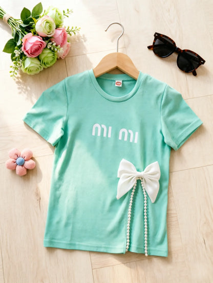 Summer Kids Girls T-shirt Letter Printing Bow Split Loose Long Children's T-Shirt Tops For 3-12 Years Girl Clothing