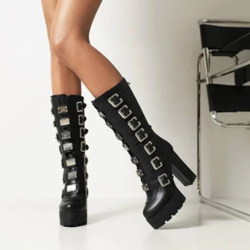 Punk Gothic Solid Black Multi-buckle Strap Designer Women's Winter Warm Shoes Western Platform Block High Heels Mid-calf Boots