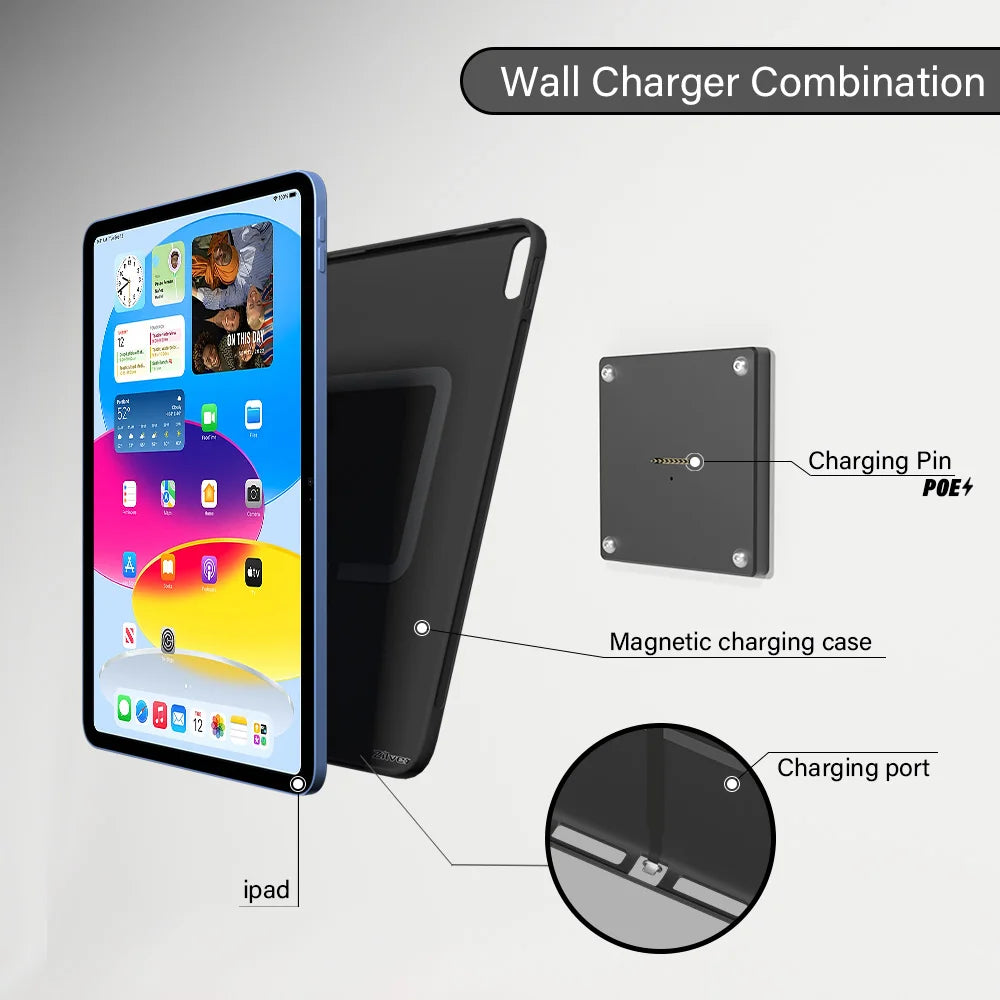 Zilvex POE Magnetic Wall Mount Charger for iPad Pro/Air/Mini 8.3-11-13in Base + Case Kit Smart Home Tablet stand POE Powered