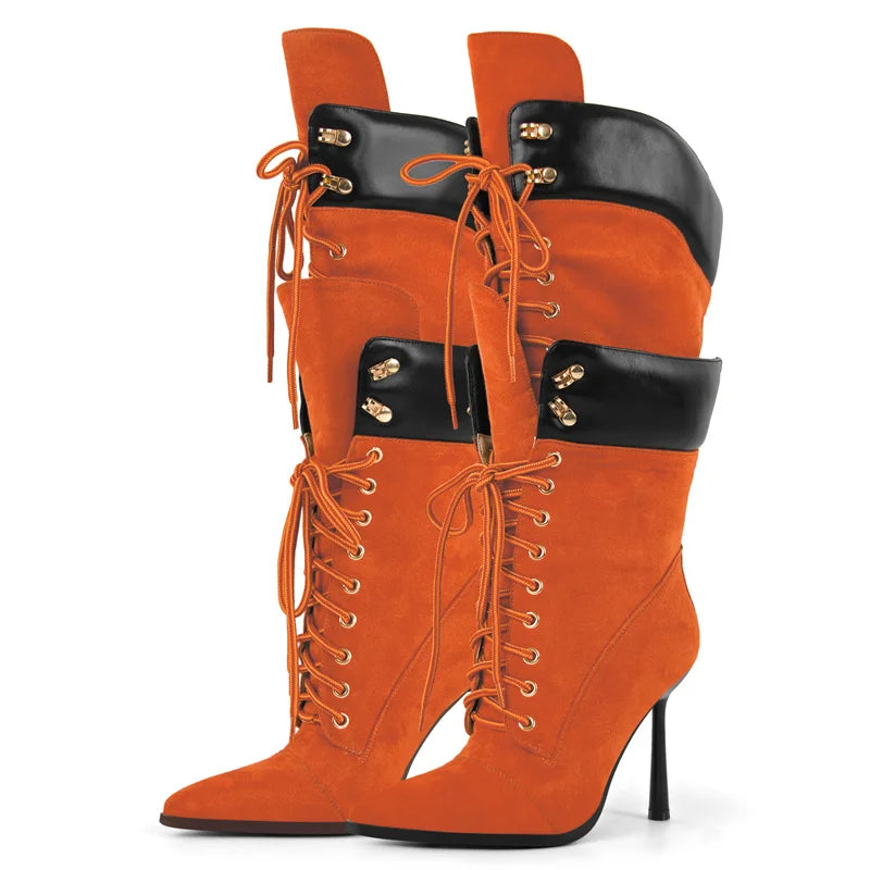 Onlymaker Women Pointed Toe Double Stiletto Heel Lace Up Mid-Calf Boots Faux Suede Nightclub Party  Daily Heel Stylish  Boots