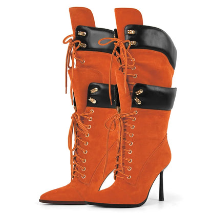 Onlymaker Women Pointed Toe Double Stiletto Heel Lace Up Mid-Calf Boots Faux Suede Nightclub Party  Daily Heel Stylish  Boots