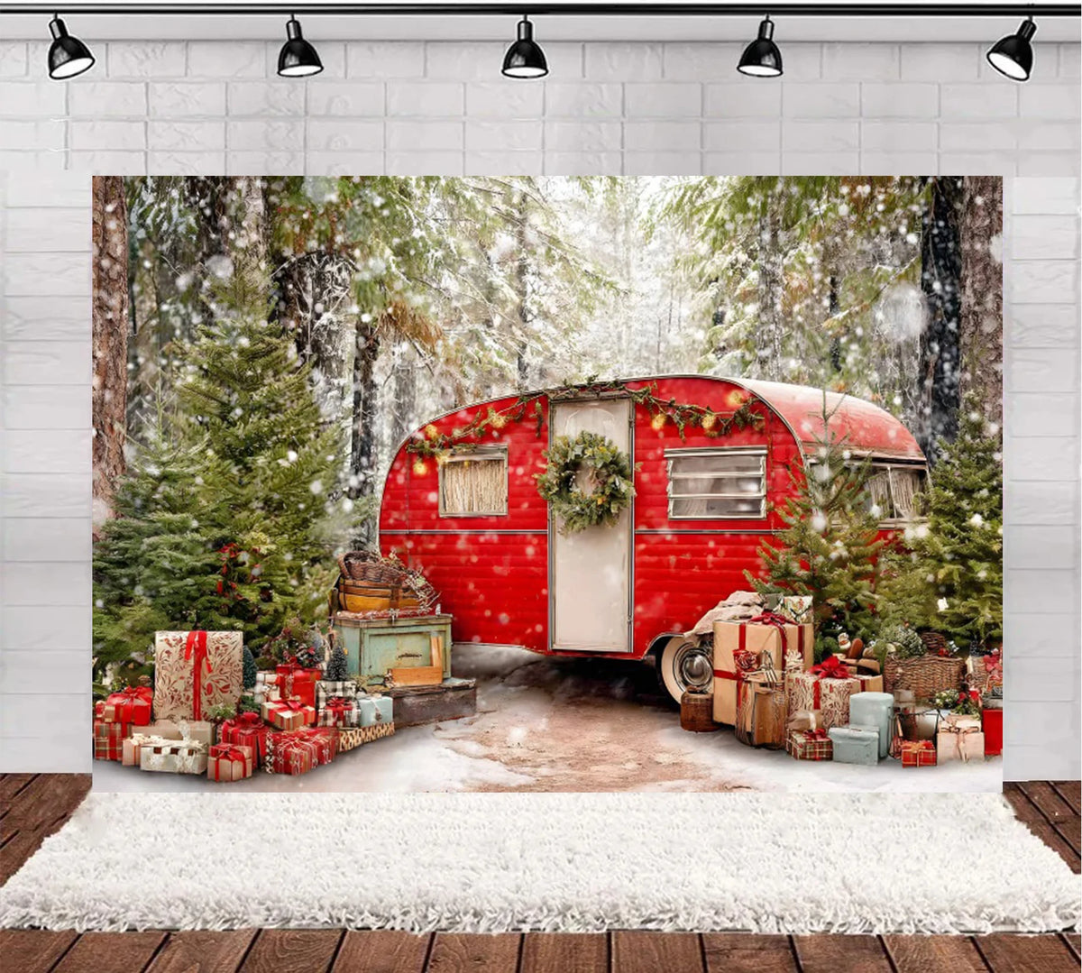 Christmas Photography Background Winter Snowy Pine Trees Mini Bus Camper Backdrop Xmas Gift Kids Winter Outdoor Photocall