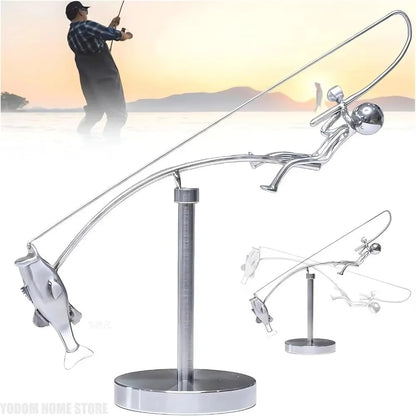 Handmade Kinetic Fishing Sculpture Metal Gift The Fisherman Balancing Sculpture Desk Statue for Fishman Lovers Crafts Figurines
