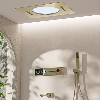 Gunmetal Gray Ceiling Mounted 4-Function Waterfall Shower System with Embedded Brass Thermostatic LED Display Body for Bathroom