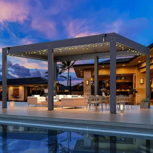 Custom Outdoor Aluminum Pergola for Villa Garden, Motorized Adjustable Louver Waterproof Gazebo for Courtyard Patio Use
