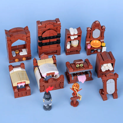 Medieval Scene Building Blocks Castle Street View Winery Tavern Loom Stove Leather Drying Rack Shooting Range Cannon Bricks Toys