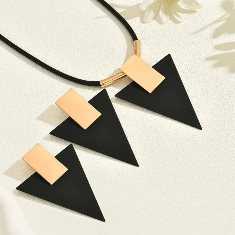 2PCS Geometric Rectangular Inverted Triangle Two-Color Spliced Pendant Earring Necklace for Women Trend Exaggerated Set Jewelry