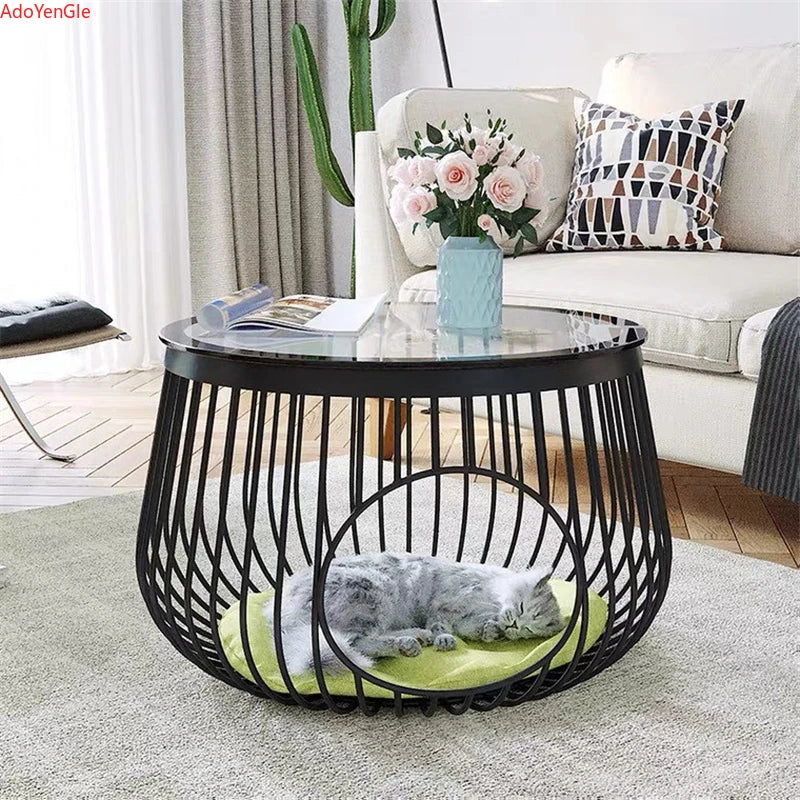 D60cm Creative Nordic Iron Tea Table Round Coffee Table for Living Room Furniture Bed Side Table Rock Plate Tables Cat House Bed