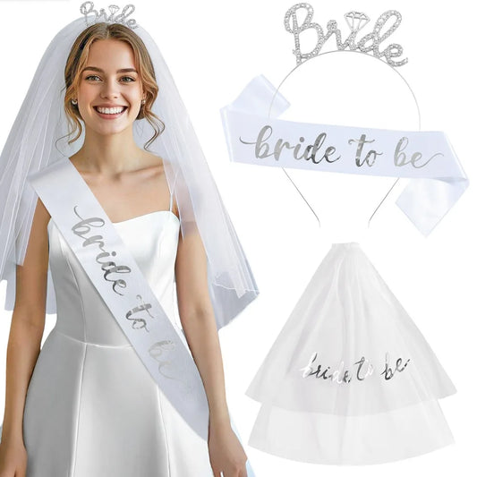 3pcs/Set Bride To Be Tiara Headband Sash and Veil for Hen Bachelorette Bridal Shower Wedding Party Favor Decorations Supplies