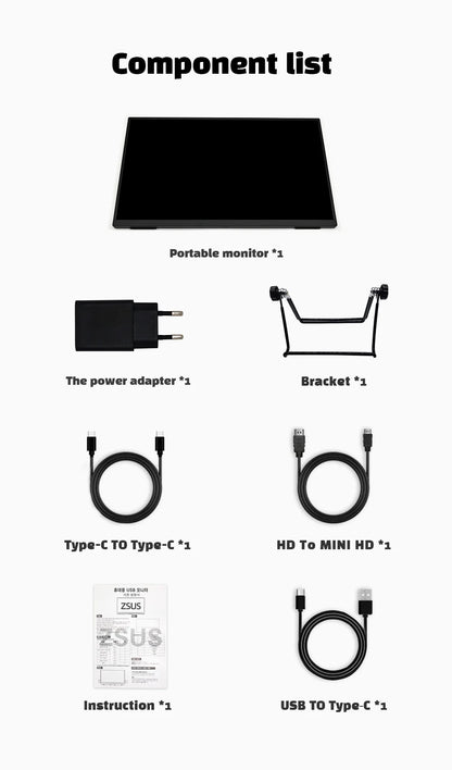 ZSUS 18-Inch 1080P 100Hz 100%sRGB Portable Monitor 16:9 HDR 350cd /M² For XBox PS4 / 5 Switch Cell Phone PC Loptop Extension