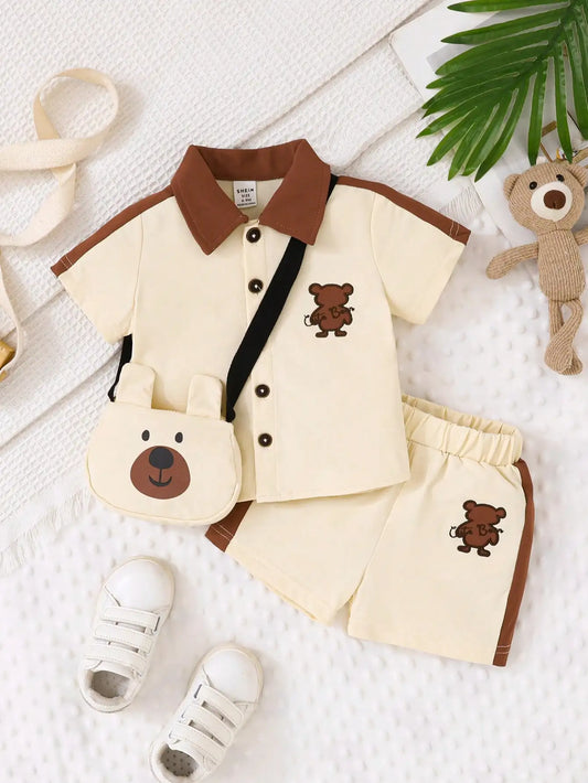 Toddler Bear Print 3-Piece Outfit, Beige & Brown Polo Shirt + Shorts + Crossbody Bag, Baby Boy Summer Casual Clothing Set