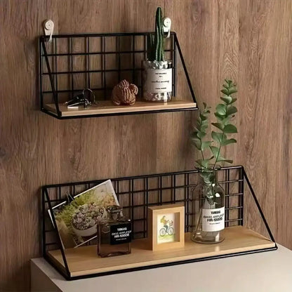 Floating Shelves Wall Mounted Wood Storage Display Shelf with Metal Wire Basket Hanging Rack for College Drom Bedroom Bathroom