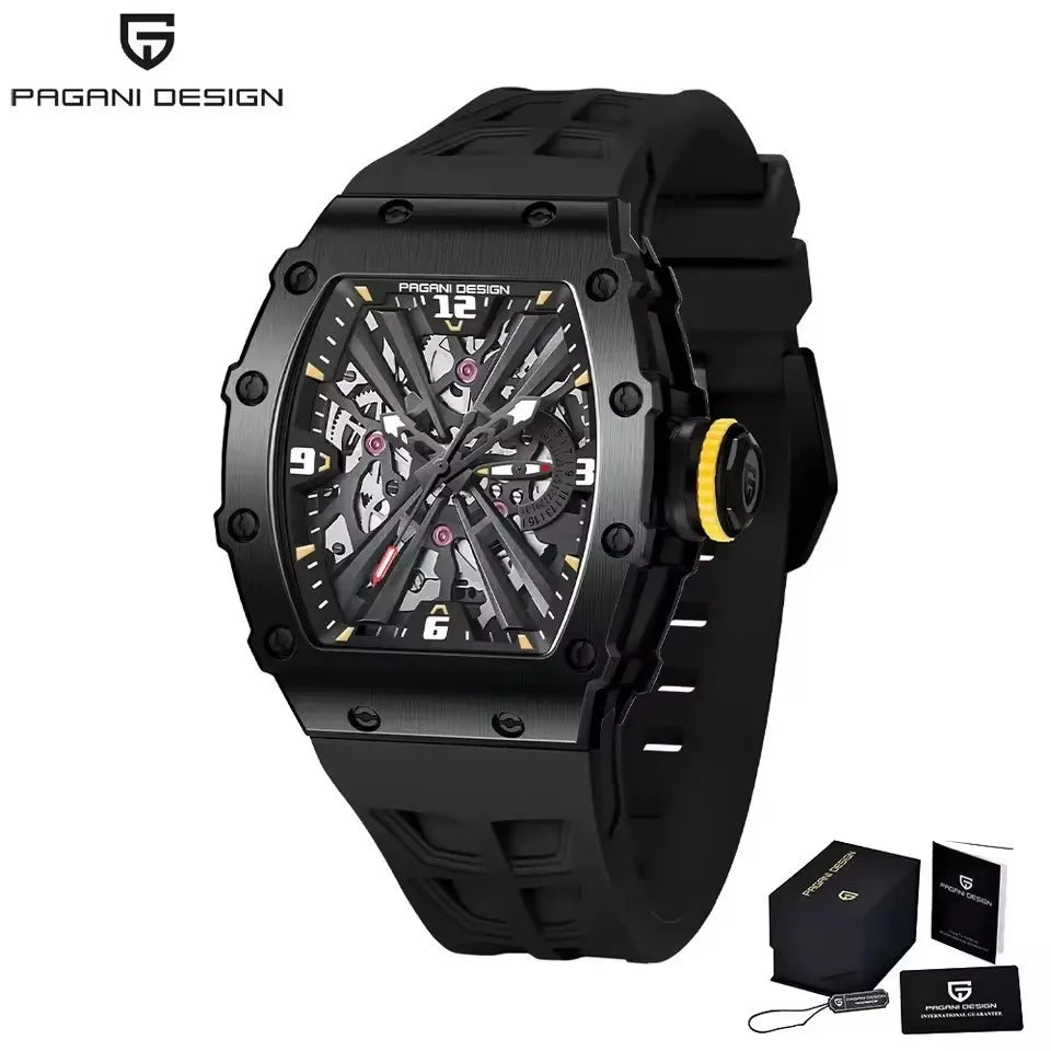 PAGANI DESIGN Men's Quartz Watch Tonneau Hollow Dial Luminous 50M Waterproof Sports Silicone Strap Luxury Watch Reloj Hombre