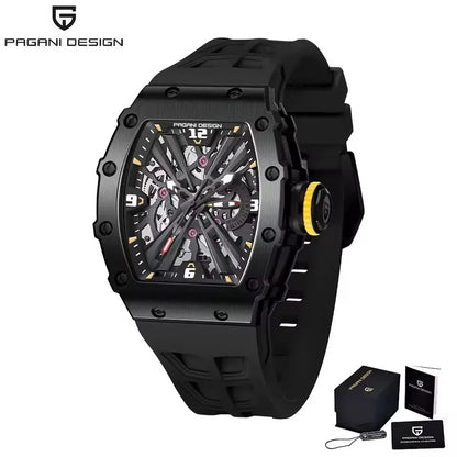 PAGANI DESIGN Men's Quartz Watch Tonneau Hollow Dial Luminous 50M Waterproof Sports Silicone Strap Luxury Watch Reloj Hombre