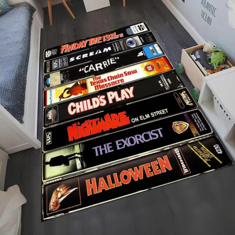 VIKAMA Classic Retro Horror VHS Tape Area Rug, Distressed and Machine-Washable Floor Mat, Living Room Rug, Home Decor