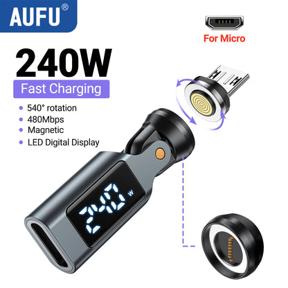 AUFU 9Pin Digital Display USB C to Type C Magnetic Adapter PD240W Fast Charging USB-C Female OTG Converter for Samsung Laptop