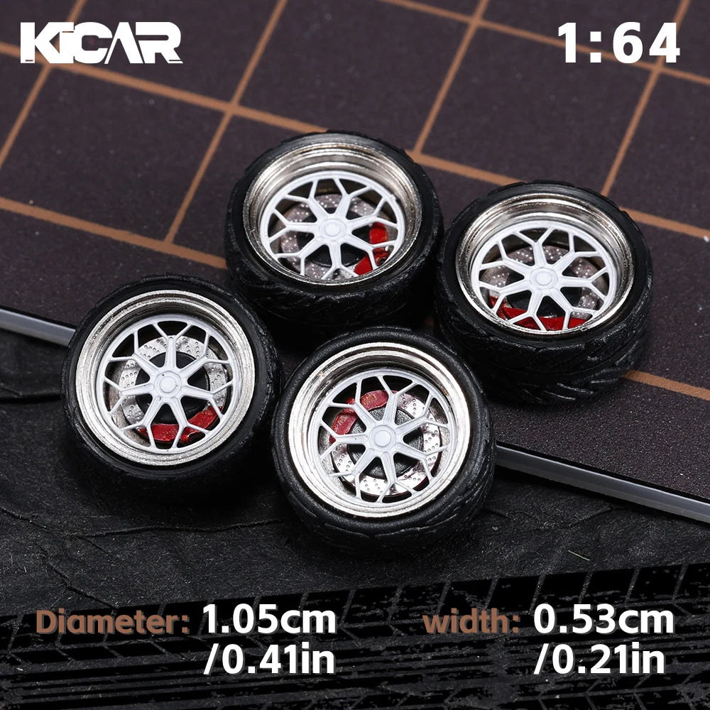 Kicarmod 1/64 10.5mm Alloy Model Wheels with Magnetic Hub Caps-with Rubber Tires for Tomica Custom Diecast Cars