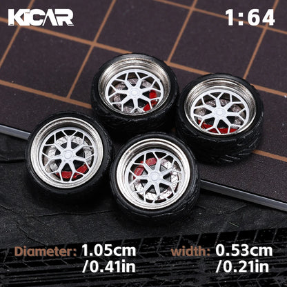 Kicarmod 1/64 10.5mm Alloy Model Wheels with Magnetic Hub Caps-with Rubber Tires for Tomica Custom Diecast Cars