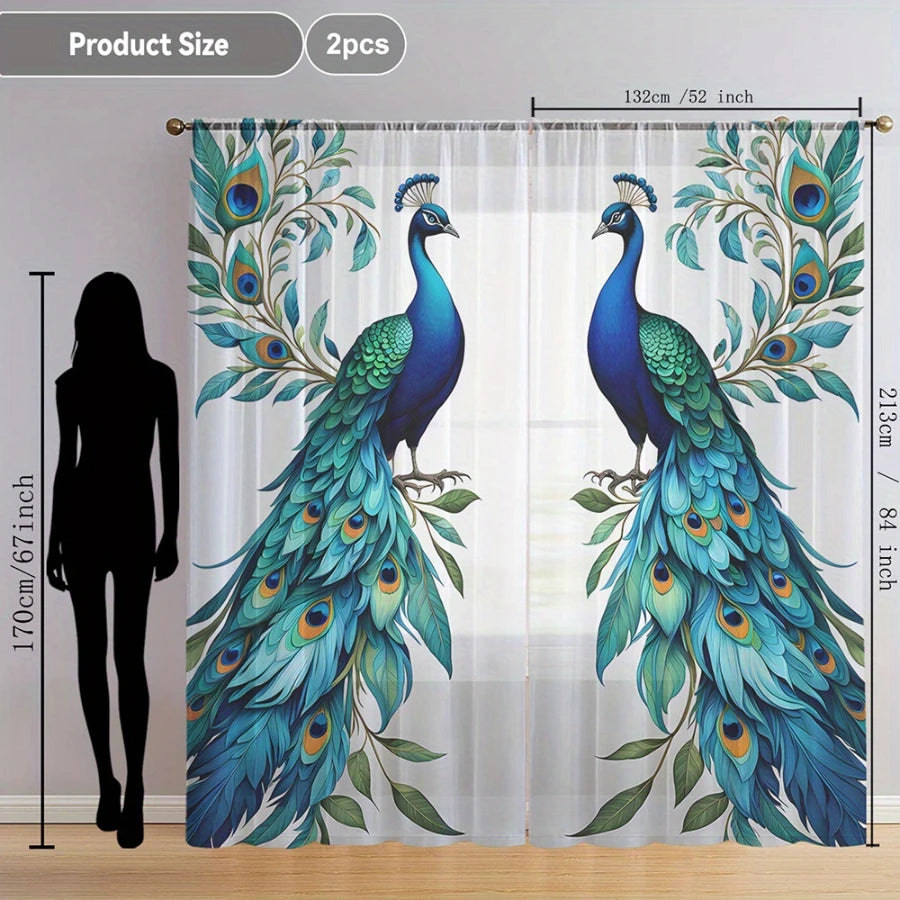 2PCS Digital Print Sheer Curtains, Symmetric Blue Peacock, Exotic Elegant Ornamental for Bedroom Living Room Home Decor