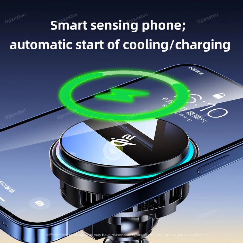 QI2 Ice Cooling Tempered Glass RGB Magnetic Wireless Car Charger Fast Charging Radiator For Magsafe iPhone 12-16 Phone Holder