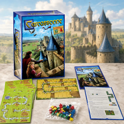 Carcassonne Tile Placement Board Game 48PCS Medieval City Strategy Game with Meeples Scoreboard English Version
