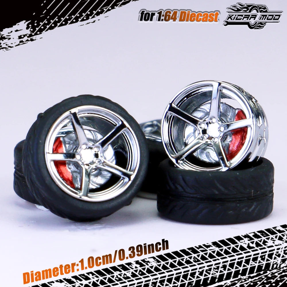 Kicarmod 1/64 Model Car ABS Wheels with Rubber Tire Brake Disc Refitting Parts Diameter 10mm For Model Car Tomica